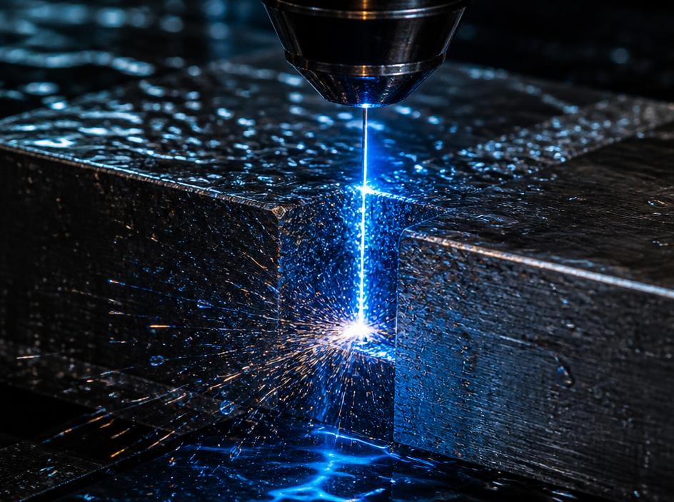 EDM wire cutting through steel with a blue electrical arc