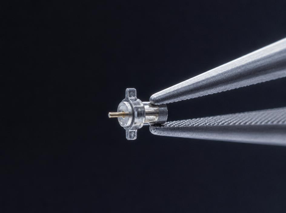 Precision micro-medical component held in steel tweezers